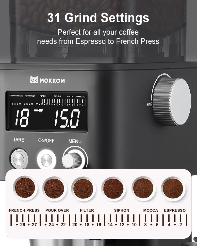 MOKKOM Coffee Grinder with Removable Coffee Scale, Anti-static Conical Burr Coffee Bean Grinder, 31 Precise Settings for Espresso/Drip/Pour Over/Cold Brew/French Press - Image 4